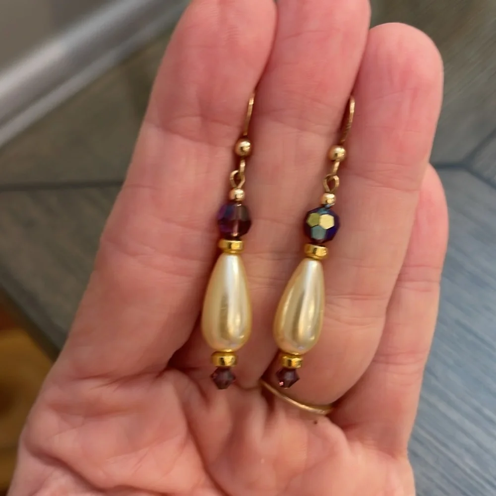 Vintage 14kt Gold Filled Faux Pearl & Purple AB Dangle Earrings